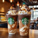 Creamy Reese’s peanut butter frappuccino with whipped cream and chocolate drizzle