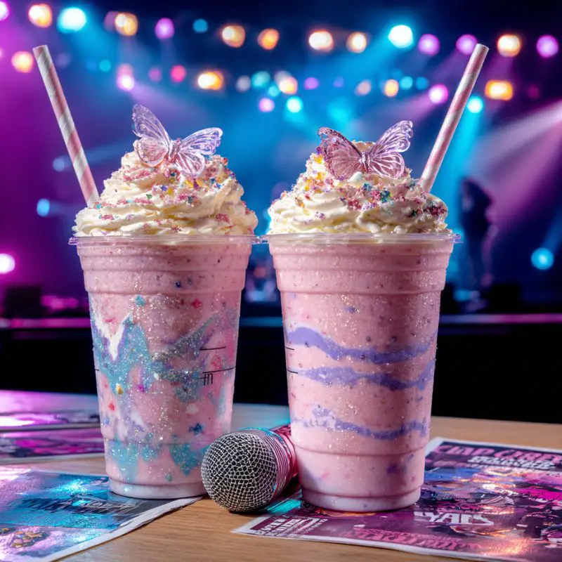 Three-layered Taylor Swift Eras Tour frappuccino with whipped cream and edible glitter