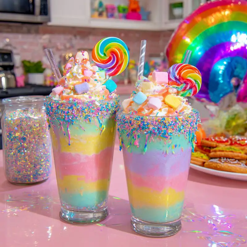 Pastel rainbow marshmallow milkshake frappe with whipped cream and sprinkles