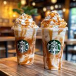 Caramelized Peach Crème Frappuccino in a glass with whipped cream and caramel drizzle