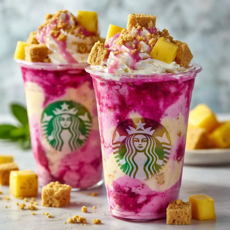 Pink mango dragonfruit cheesecake frappuccino with whipped cream and graham cracker crumbs