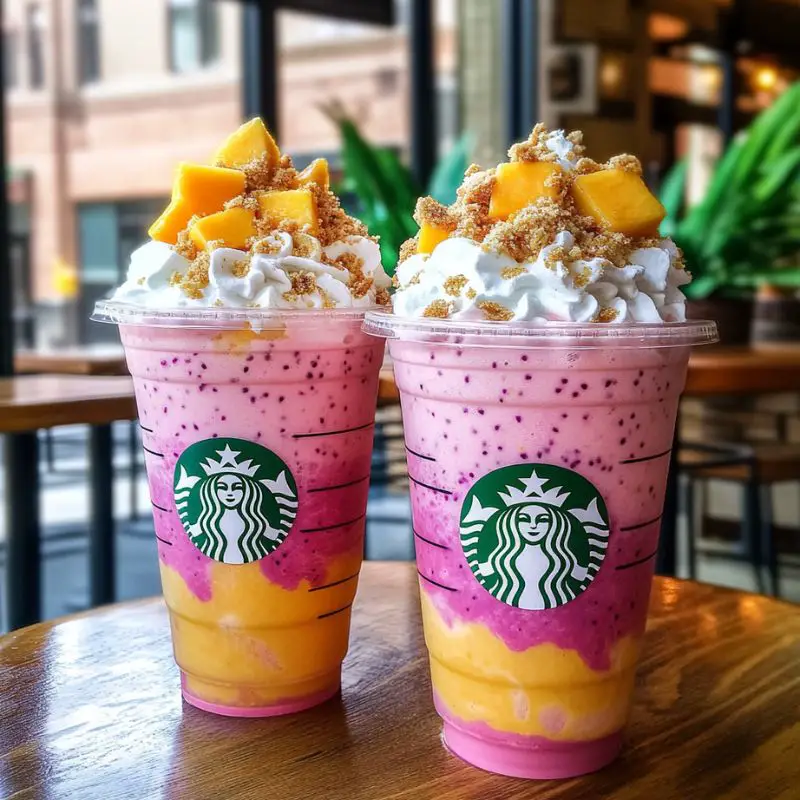 Pink mango dragonfruit cheesecake frappuccino with whipped cream and graham cracker crumbs