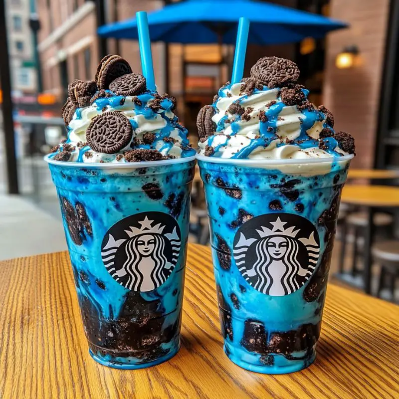 Vibrant blue raspberry Oreo frappuccino with whipped cream and cookie crumbs