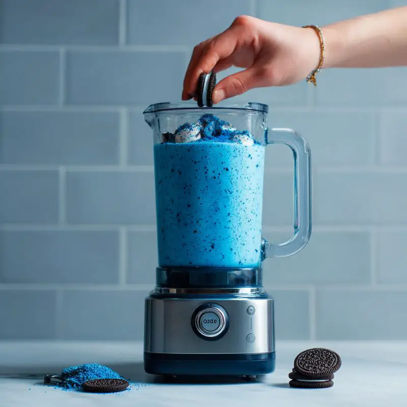 Blender filled with blue frappuccino mix
