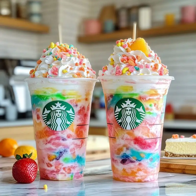 Colorful Fruity Pebbles frappuccino with whipped cream and cereal topping