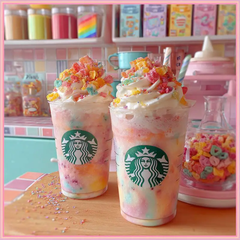 Colorful Fruity Pebbles frappuccino with whipped cream and cereal topping