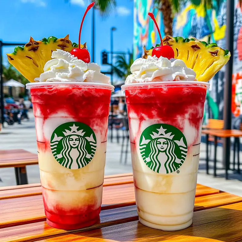 Swirled Miami Vice frappuccino with pink strawberry and white coconut layers