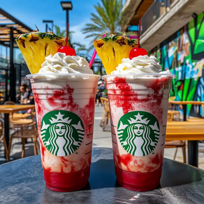 Swirled Miami Vice frappuccino with pink strawberry and white coconut layers