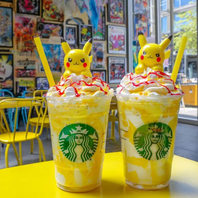 Pikachu frappuccino with banana flavor and cute Pokémon face decorations