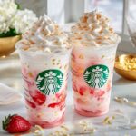 Pink white chocolate strawberry frappuccino with whipped cream and drizzles