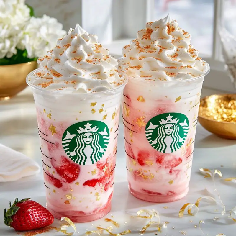 Pink white chocolate strawberry frappuccino with whipped cream and drizzles