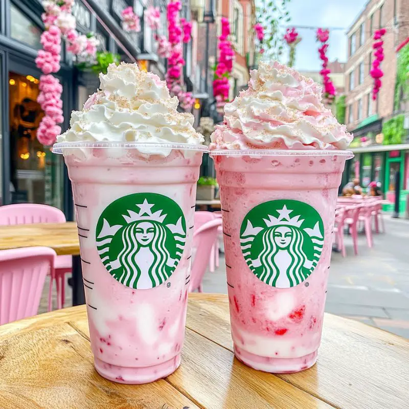 Pink white chocolate strawberry frappuccino with whipped cream and drizzles