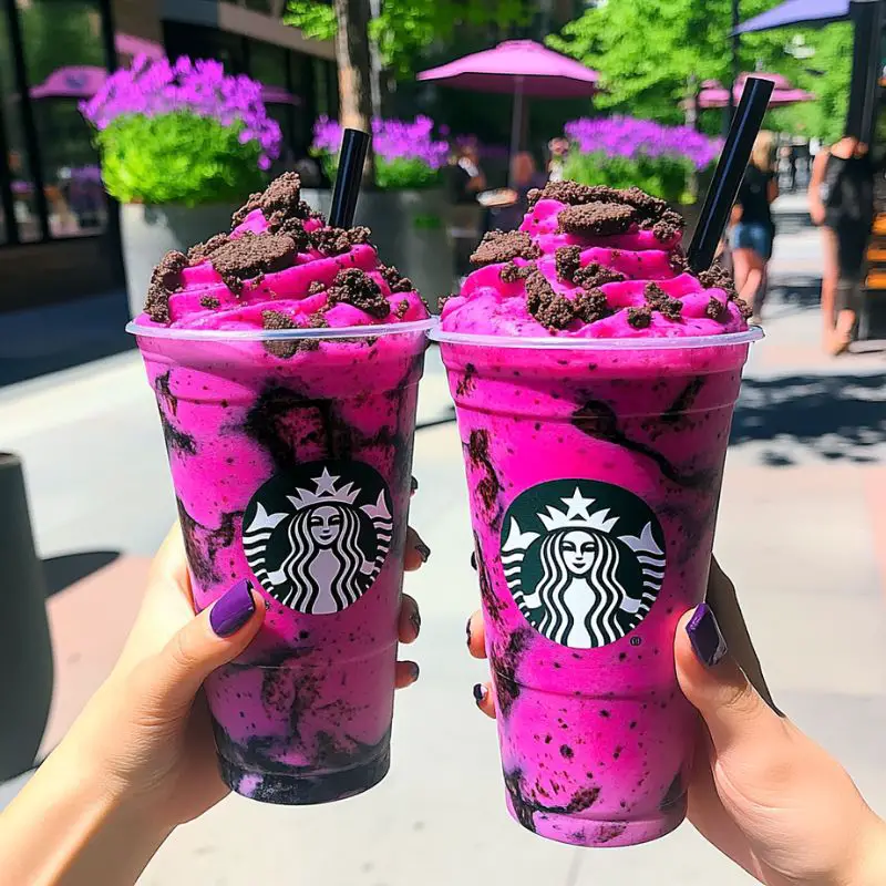 Layered dragon Oreo frappuccino with pink dragon fruit and black Oreo cream