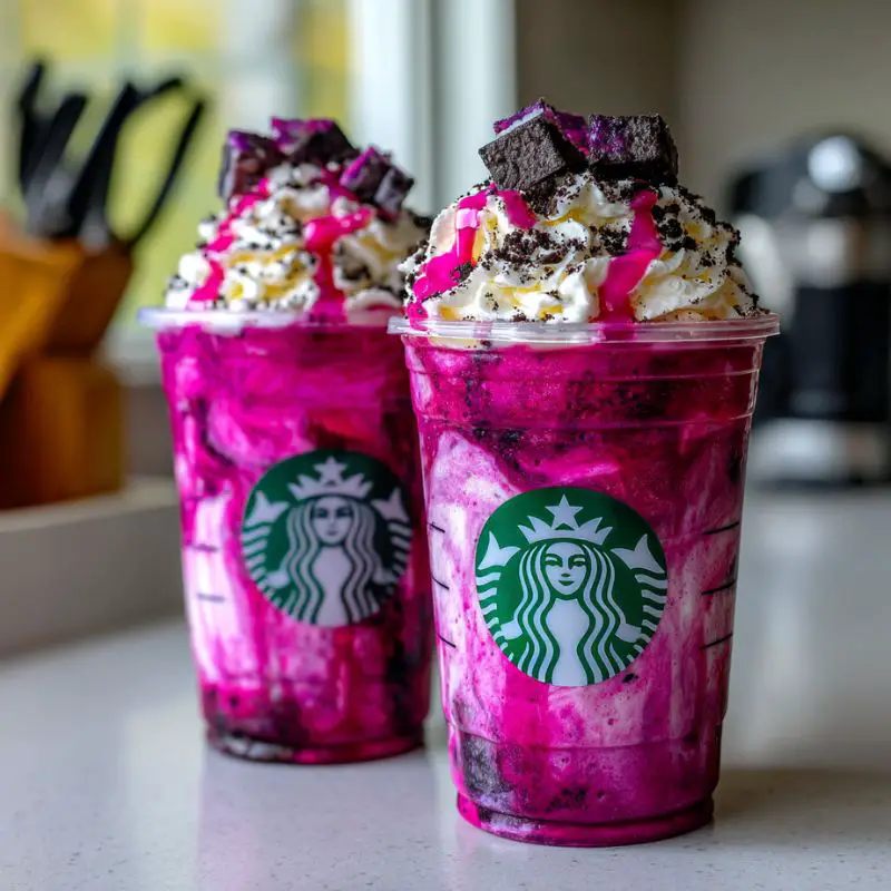 Layered dragon Oreo frappuccino with pink dragon fruit and black Oreo cream