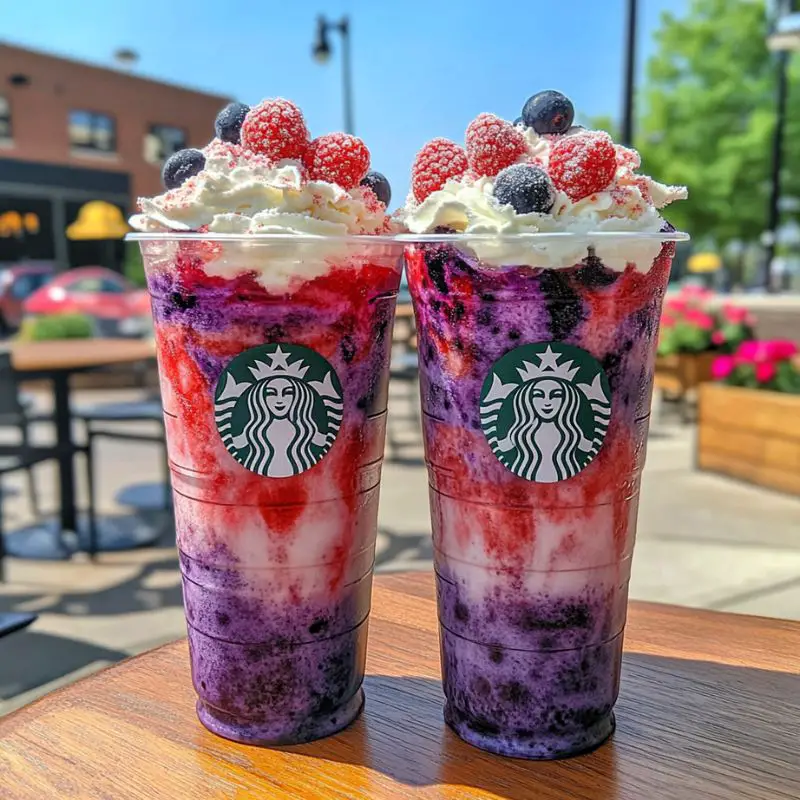 Triple berry sunrise frappuccino with red, purple, and golden layers