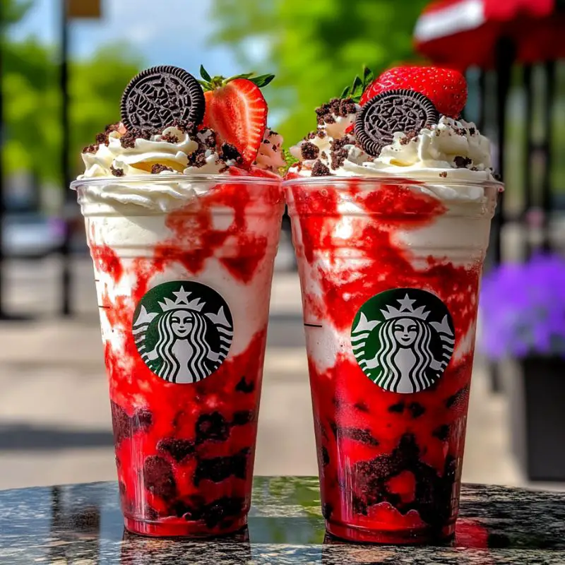 Strawberry Oreo cheesecake frappuccino with whipped cream and cookie crumbs