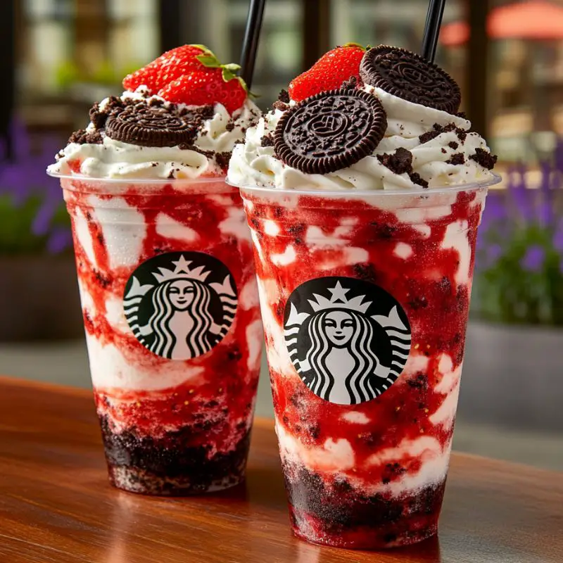 Strawberry Oreo cheesecake frappuccino with whipped cream and cookie crumbs