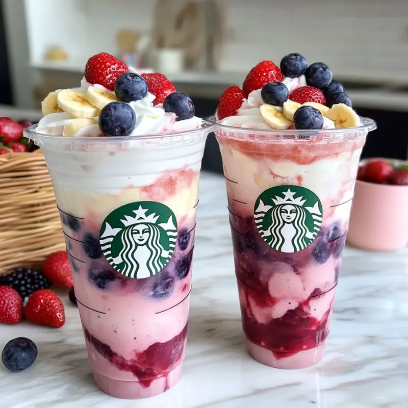 Berry banana Frappuccino with whipped cream and fresh fruit