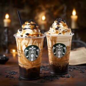 Burnt caramel smoke Frappuccino with whipped cream and burnt sugar shards