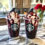 Wednesday Addams Dark Cherry Mocha Frappuccino in a gothic-styled cup with whipped cream and raven cookie