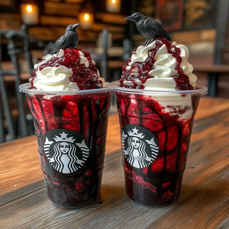 Wednesday Addams Dark Cherry Mocha Frappuccino in a gothic-styled cup with whipped cream and raven cookie