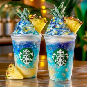 Blue Pineapple Shockwave Frappuccino with whipped cream and galaxy syrup drizzle