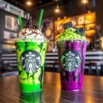 Flat lay of labeled ingredients for Beetlejuice and Lydia Frappuccinos on white marble