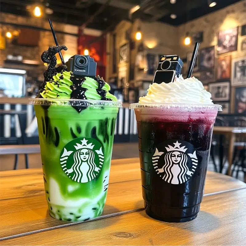 Flat lay of labeled ingredients for Beetlejuice and Lydia Frappuccinos on white marble
