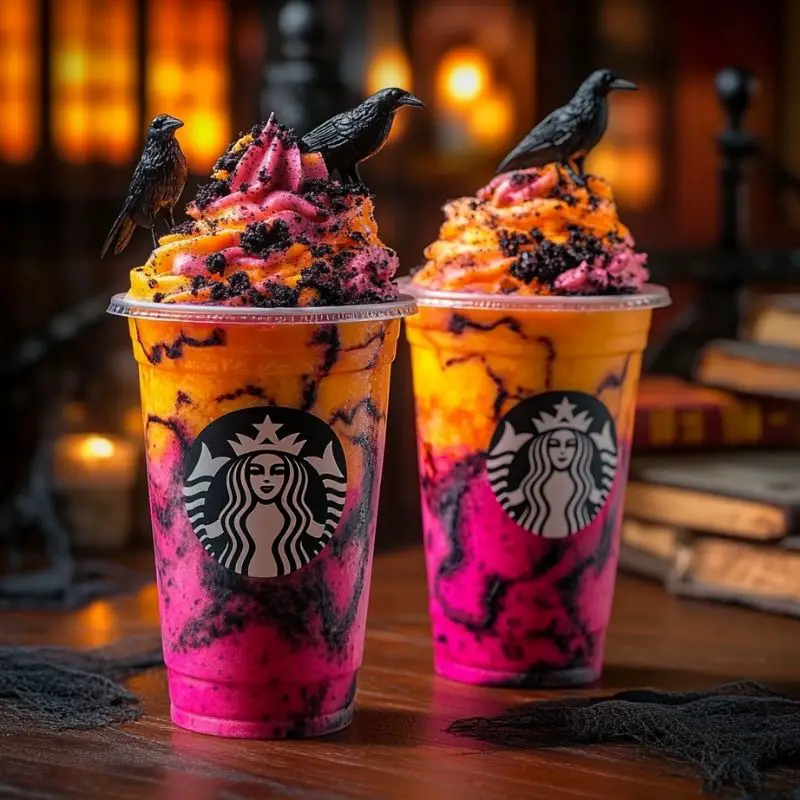 Wednesday Addams Mango Dragon Frappuccino in a glass with whipped cream, charcoal dust, and raven cookie