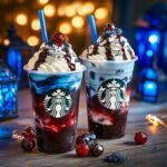 Midnight Blue Cherry Frappuccino in glass with whipped cream and cocoa drizzle