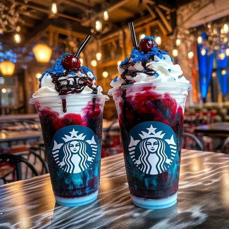 Midnight Blue Cherry Frappuccino in glass with whipped cream and cocoa drizzle
