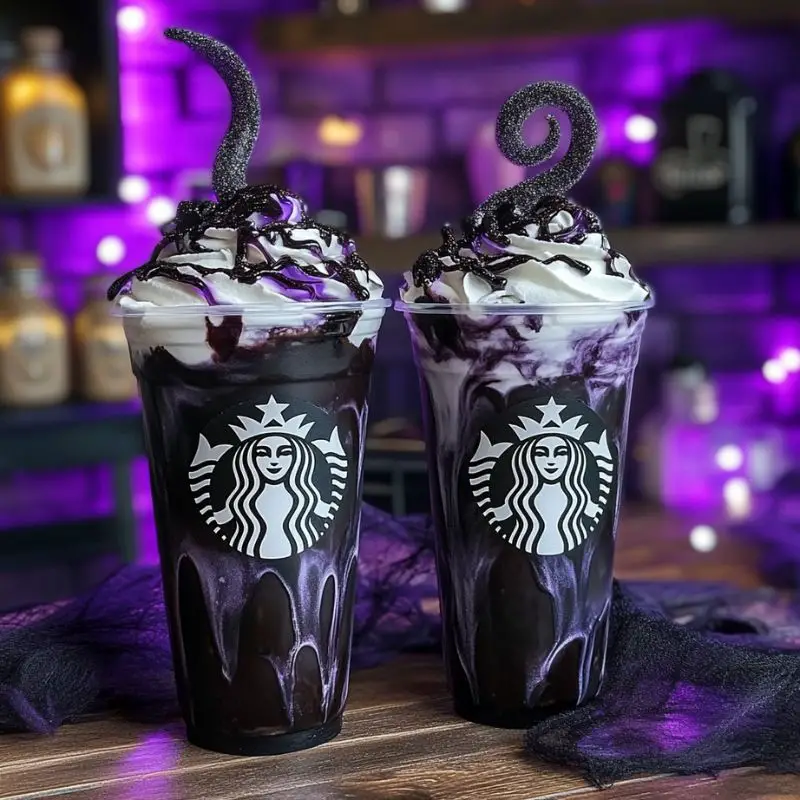 Black Licorice Candy Spell Frappuccino with Whipped Cream and Candy Wand